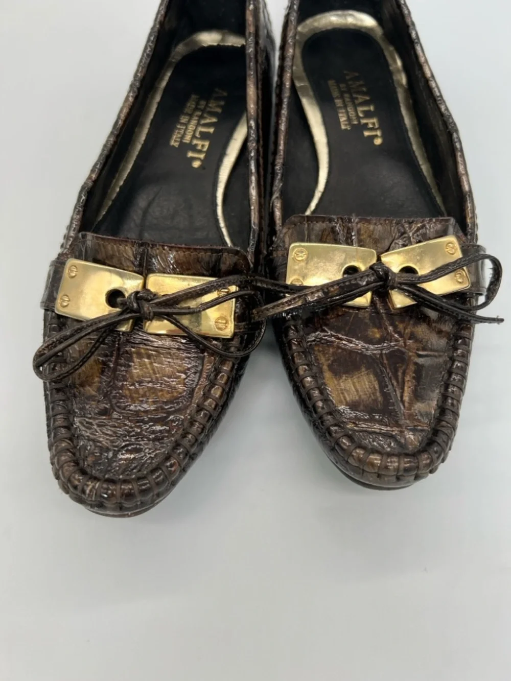 Amalfi Dark Brown Croc-Embossed Leather Loafers with Gold Accent